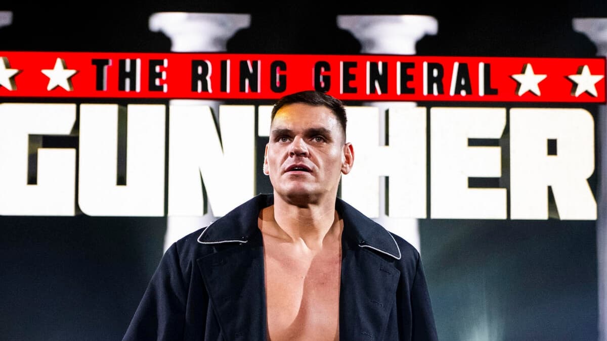 Gunther makes his entrance for a match during a March 2025 live event