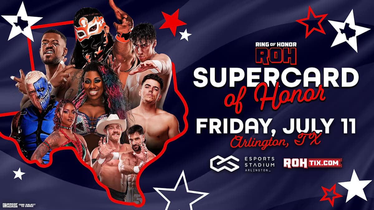 Updated poster for ROH Supercard of Honor 2025 featuring several ROH stars posing in front of a map of Texas.