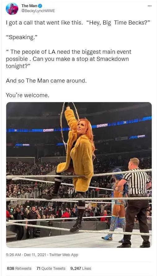 Becky lynch tweet december 2021