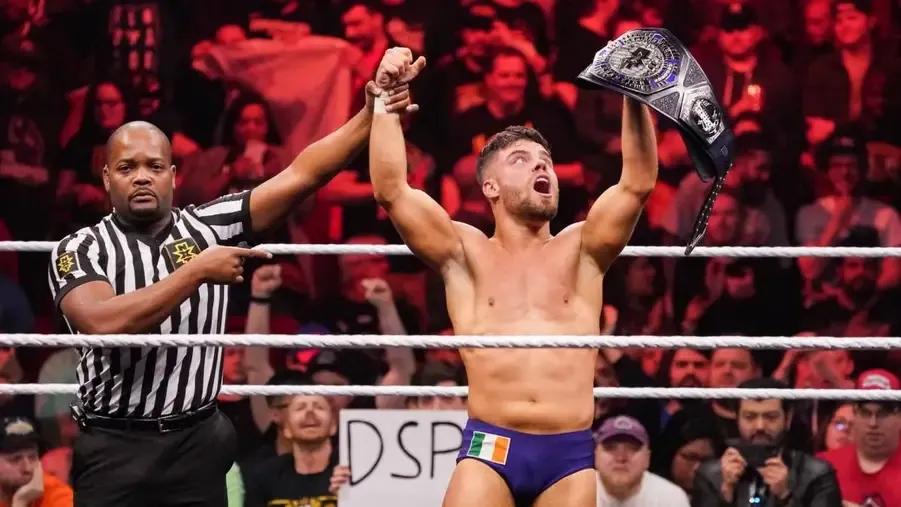 Jordan Devlin wins the WWE NXT Cruiserweight Championship at Worlds Collide January 2020.jpg