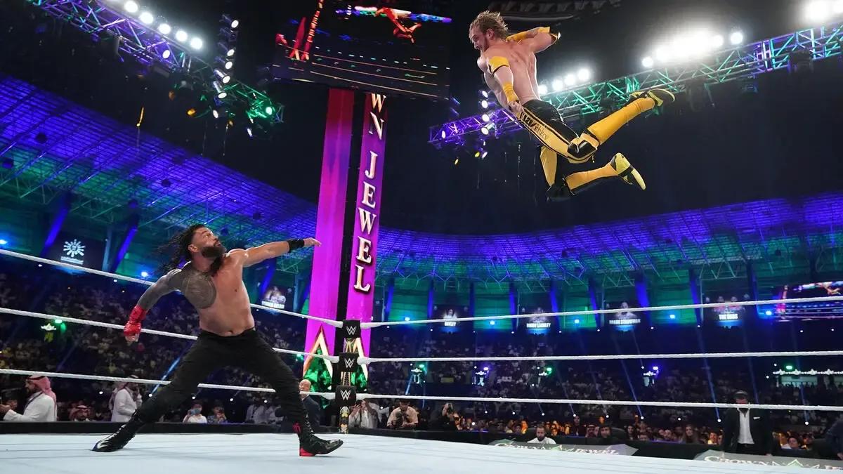 Logan Paul Roman Reigns soaring Crown Jewel 2022.jpg