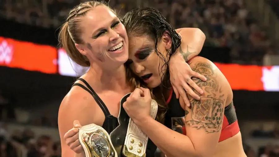 Ronda Rousey Shayna Baszler May 2023 hugging.jpg