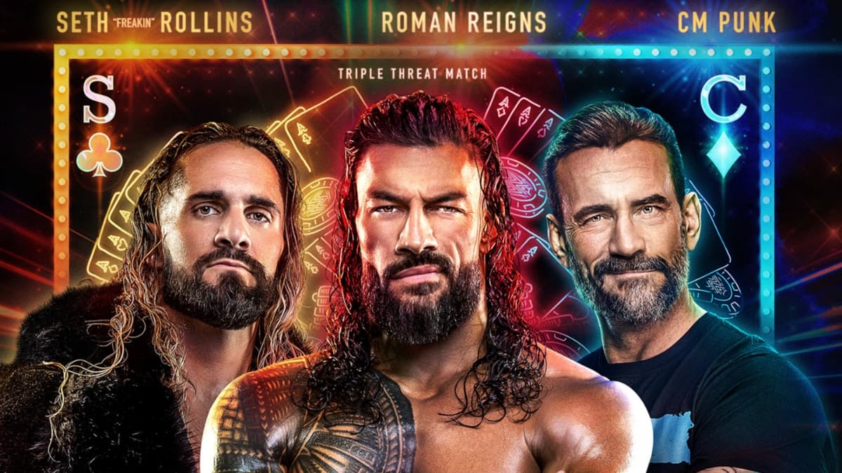 promotional poster for Seth Rollins vs. Roman Reigns vs. CM Punk